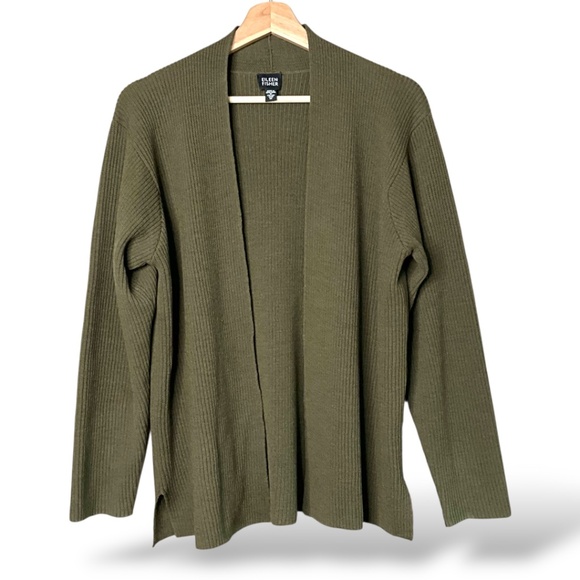 EILEEN FISHER 100% Wool Vintage Rib Knit Open Front Cardigan Army Green Sz M - Picture 1 of 8